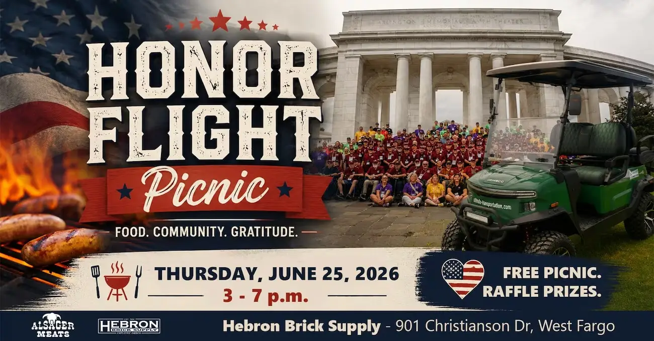 Poster advertising the Honor Flight Picnic with a crowd at the Lincoln Memorial, grilling sausages, and a green off‑road vehicle; June 25, 2026, 3–7 p.m.